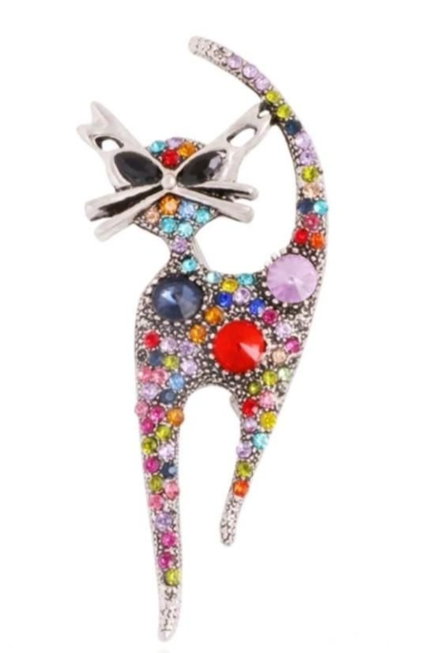 Crystal Cat Brooch - Colourful Animal Jewellery Gift for Her